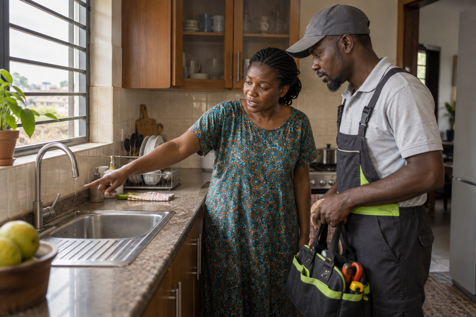 Ghanaian homeowner discussing a kitchen repair with a local artisan